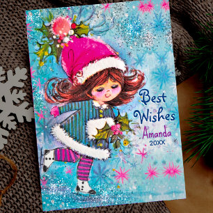 Vintage cute girl blue glitter Christmas greeting  Holiday Card