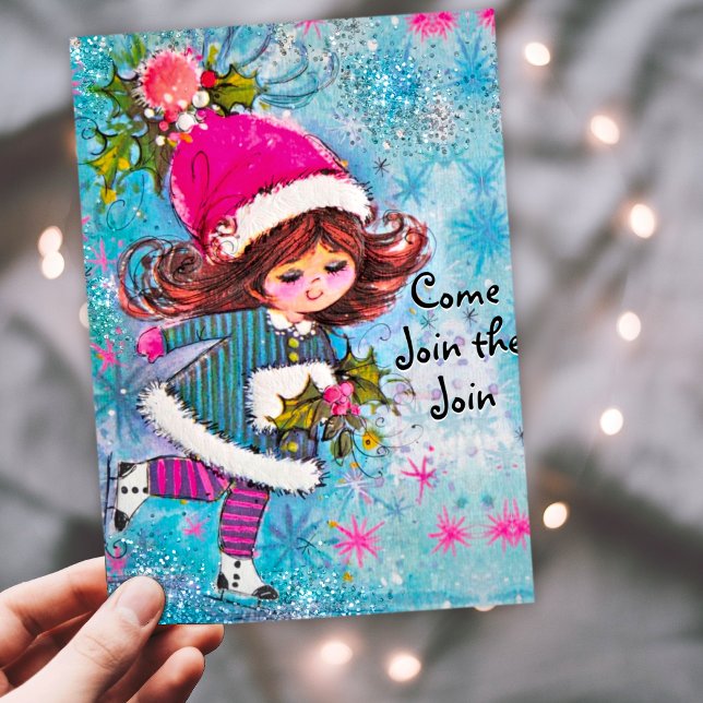 Vintage cute girl blue glitter Christmas party Invitation (Creator Uploaded)