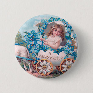 Vintage Cute Girl in Easter Egg Carriage by Lambs 6 Cm Round Badge