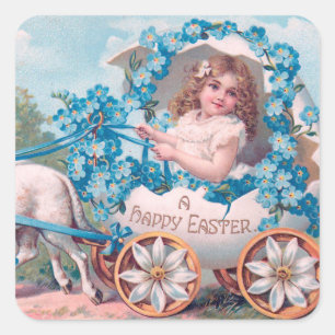 Vintage Cute Girl in Easter Egg Carriage by Lambs Square Sticker