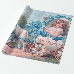 Vintage Cute Girl in Easter Egg Carriage by Lambs Wrapping Paper