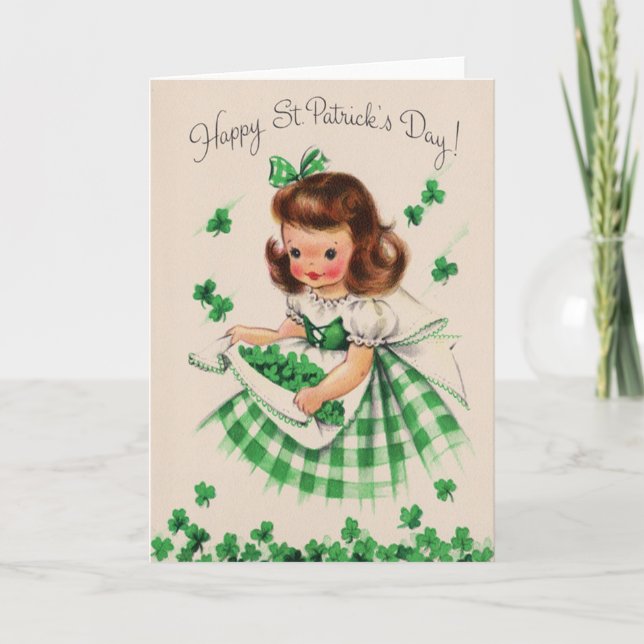 Vintage Cute Girl Shamrock St Patrick's Day Card (Front)