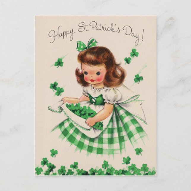 Vintage Cute Girl Shamrock St Patrick's Day Card (Front)