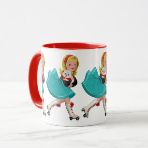 Vintage Cute Girl Skating with Cat: Whimsical Mug