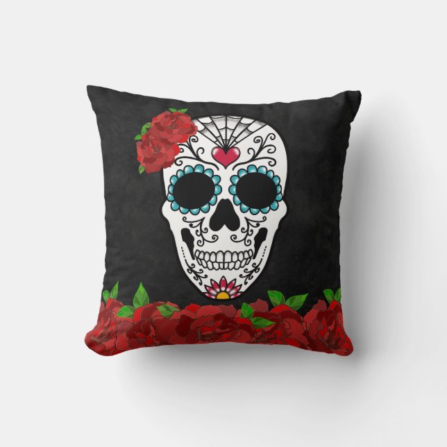 Vintage Cute Girly Sugar Skull Red Roses Cushion (Front)