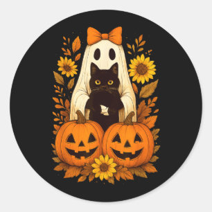Vintage Cute Halloween Ghost Holding Black Cat Classic Round Sticker