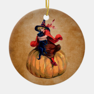vintage cute halloween witch and cat ceramic tree decoration