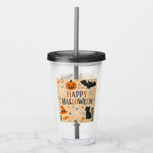 Vintage, cute happy halloween bat, ghost, pumpkin acrylic tumbler