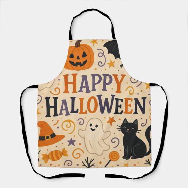 Vintage, cute happy halloween bat, ghost, pumpkin apron (Front)