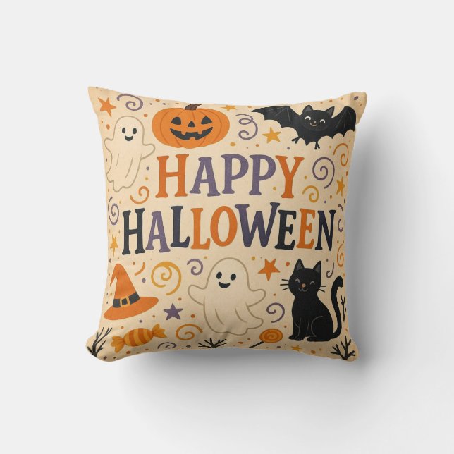 Vintage, cute happy halloween bat, ghost, pumpkin cushion (Front)