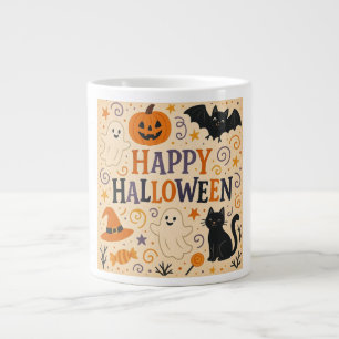 Vintage, cute happy halloween bat, ghost, pumpkin large coffee mug