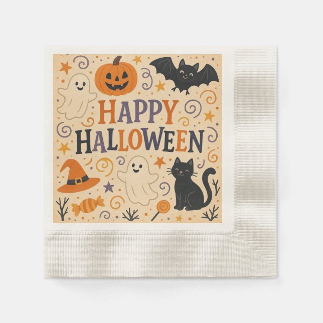 Vintage, cute happy halloween bat, ghost, pumpkin napkin (Front)