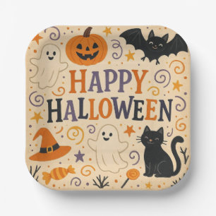Vintage, cute happy halloween bat, ghost, pumpkin paper plate
