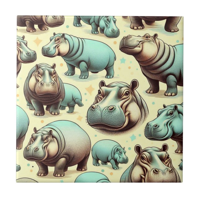 Vintage Cute Hipoppotamus Pattern Tile (Front)
