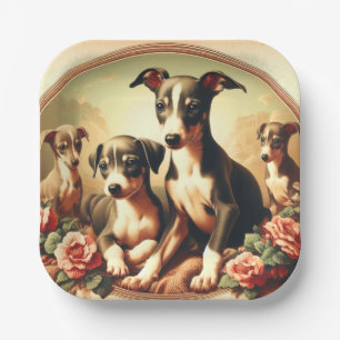 Vintage Cute Italian Greyhound Painting Paper Plate