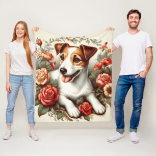 Vintage Cute Jack Russell Terrier Floral Fleece Blanket