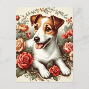 Vintage Cute Jack Russell Terrier Floral Postcard