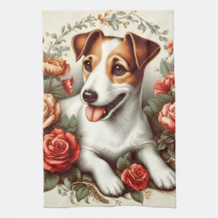 Vintage Cute Jack Russell Terrier Floral Tea Towel