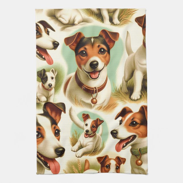 Vintage Cute Jack Russell Terrier Tea Towel (Vertical)