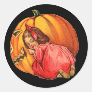 Vintage Cute Little Girl and Halloween Pumpkin Classic Round Sticker