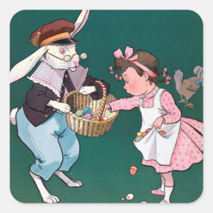 Vintage Cute Little Girl Bunny Rabbit Easter Egg Square Sticker