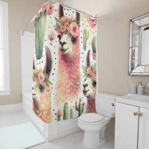 Vintage Cute Llama Watercolor Shower Curtain