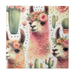Vintage Cute Llama Watercolor Tile