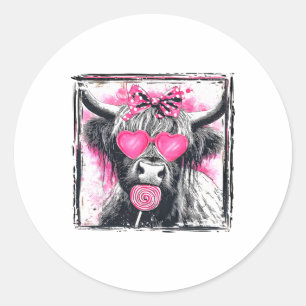 Vintage Cute Lollipop Cow Bow Valentine Pink Heart Classic Round Sticker