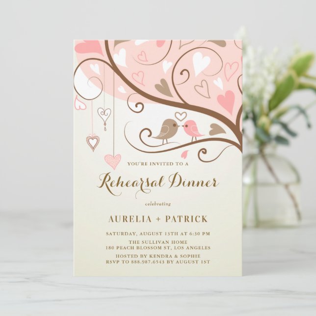 Vintage Cute Lovebirds Pink Rehearsal Dinner Invitation (Standing Front)