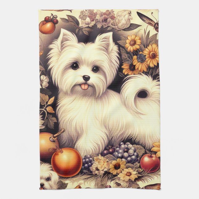 Vintage Cute Maltese Tea Towel (Vertical)