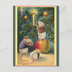 Vintage Cute Mice lighting candles Christmas tree Postcard