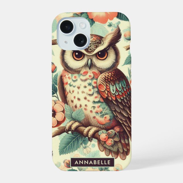 Vintage Cute Owl Pattern iPhone 15 Case (Back)