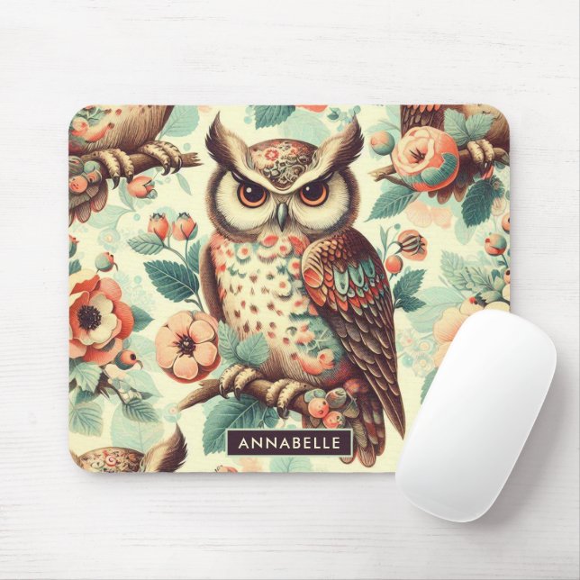 Vintage Cute Owl Pattern Mouse Mat (With Mouse)