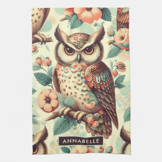 Vintage Cute Owl Pattern Tea Towel (Vertical)