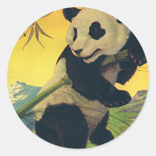 Vintage Cute Panda Bear Eating Bamboo, Wild Animal Classic Round Sticker