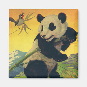 Vintage Cute Panda Bear Eating Bamboo, Wild Animal Magnet