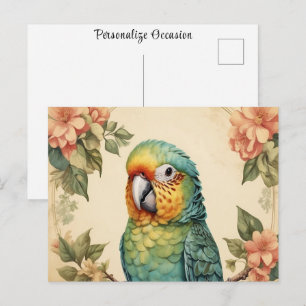Vintage Cute Parakeet Budgie Portrait Flowers   Postcard