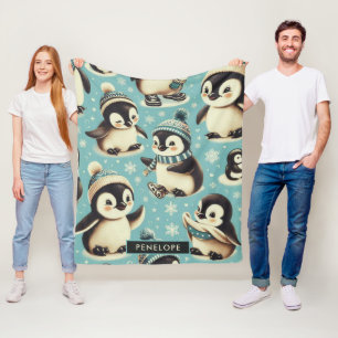 Vintage Cute Penguin Pattern Fleece Blanket