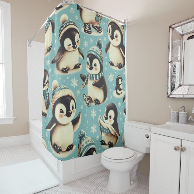 Vintage Cute Penguin Pattern Shower Curtain (In Situ)
