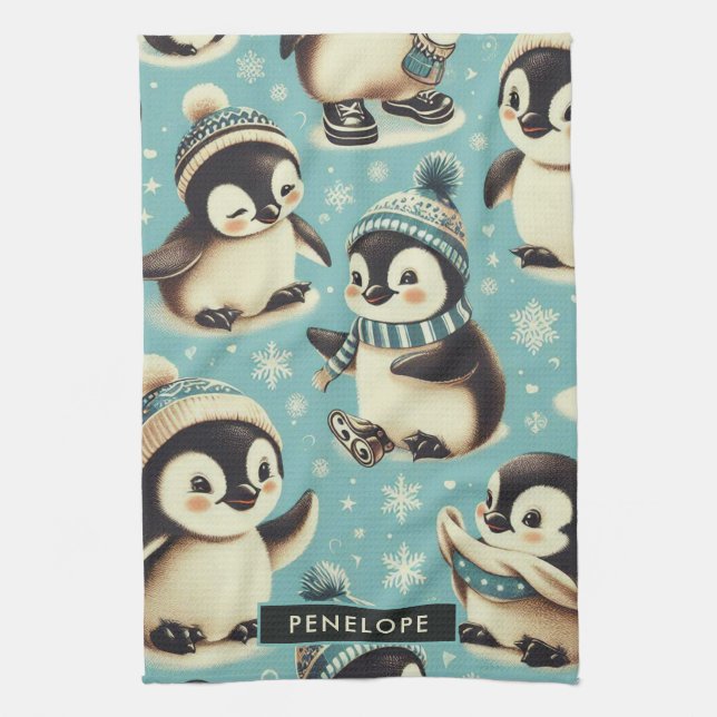 Vintage Cute Penguin Pattern Tea Towel (Vertical)