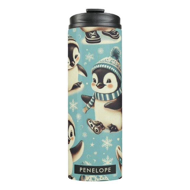Vintage Cute Penguin Pattern Thermal Tumbler (Front)