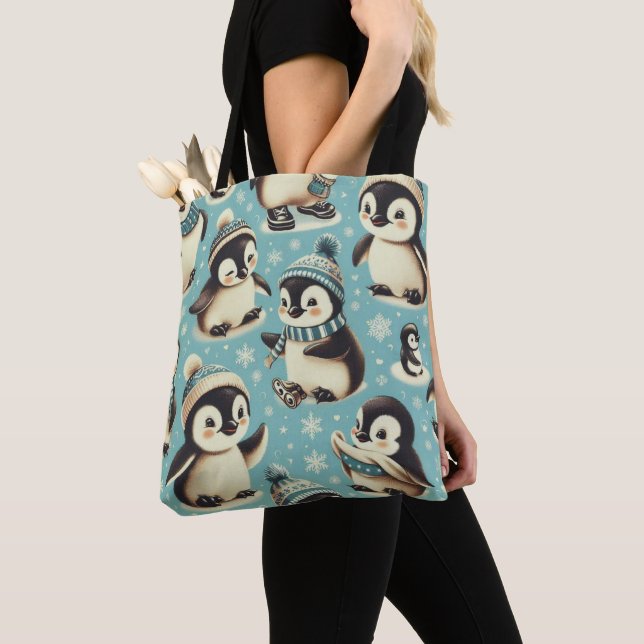 Vintage Cute Penguin Pattern Tote Bag (Close Up)