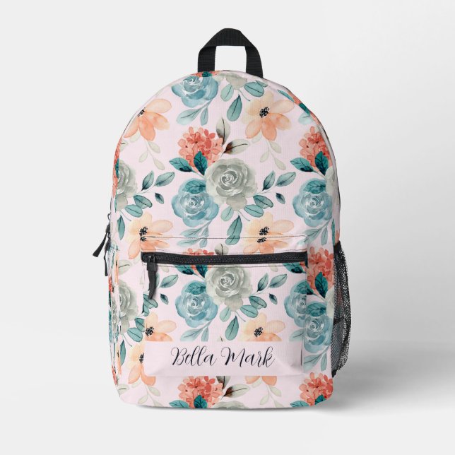 Vintage cute peony floral printed backpack (Front)