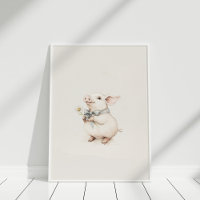 Vintage Cute Piglet with a Flower Nursery Art