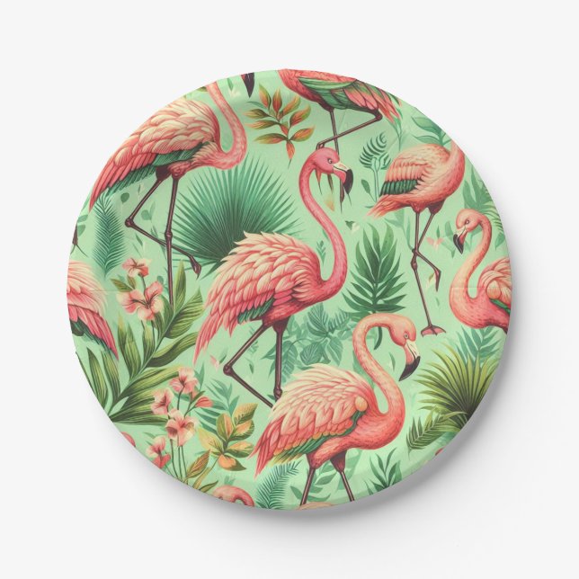 Vintage Cute Pink Flamingos Paper Plate (Front)