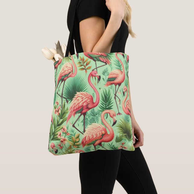 Vintage Cute Pink Flamingos Tote Bag (Close Up)