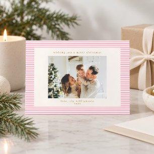 Vintage Cute Pink Stripes Custom Photo Christmas Holiday Card