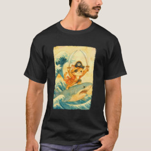 Vintage Cute Pirate Cat Riding Shark Funny Hallowe T-Shirt