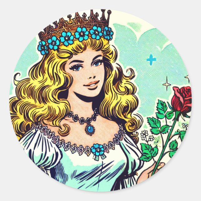 Vintage Cute Princess Comics Classic Round Sticker (Front)
