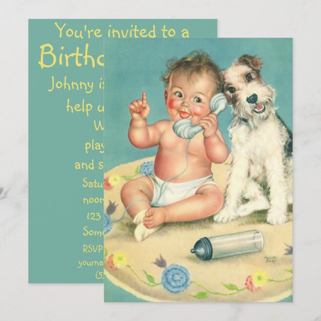 Vintage Cute Puppy Dog Child Birthday Party Invitation (Front/Back)